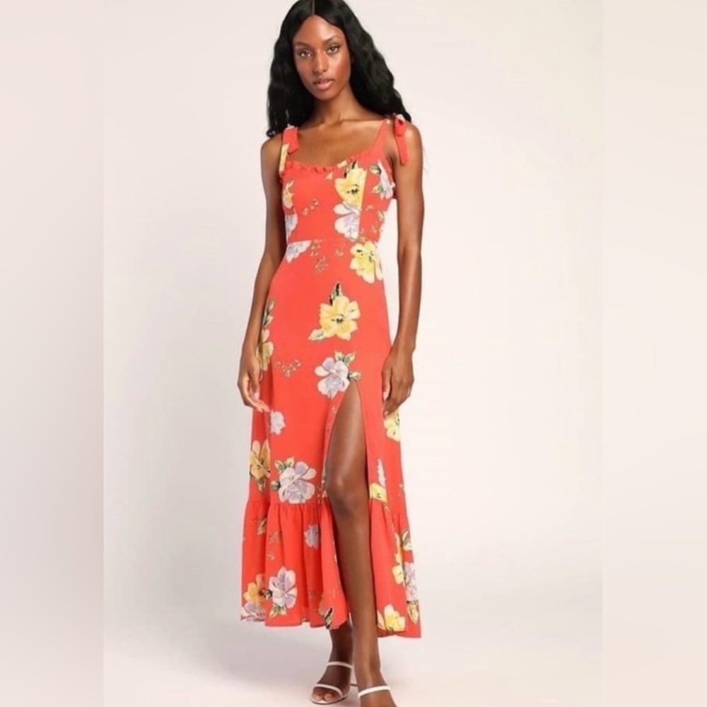 Lulu’s  Dress | Lulu’s Floral Orange Tie Strap Slit Maxi Dress.